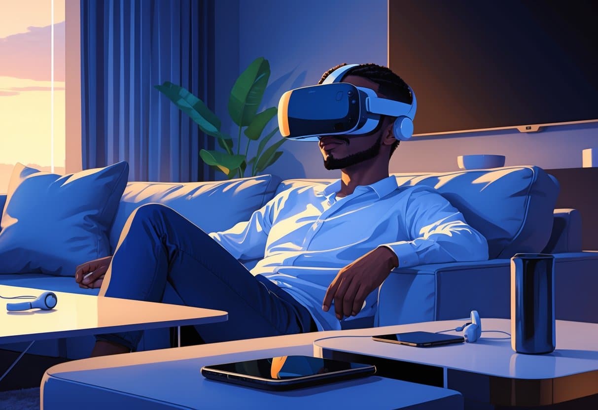 A person sitting on a couch wearing a virtual reality headset in a modern living room.