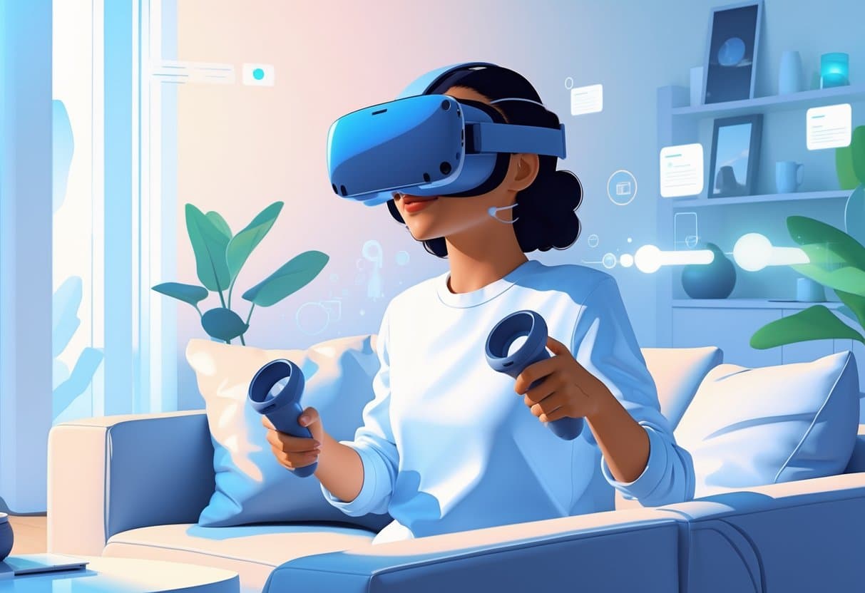 A person wearing a virtual reality headset and holding controllers, immersed in a digital environment with floating holographic interface elements around them.