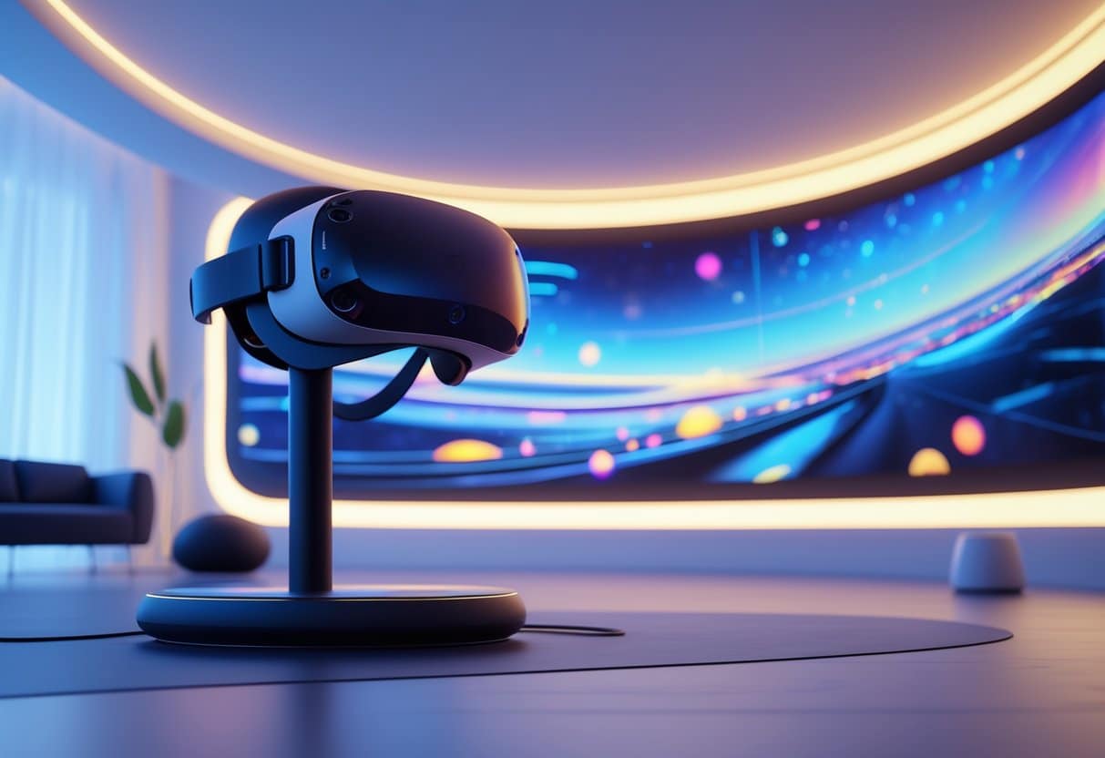 A modern virtual reality headset on a stand in a clean room with a curved panoramic screen displaying colorful abstract visuals.