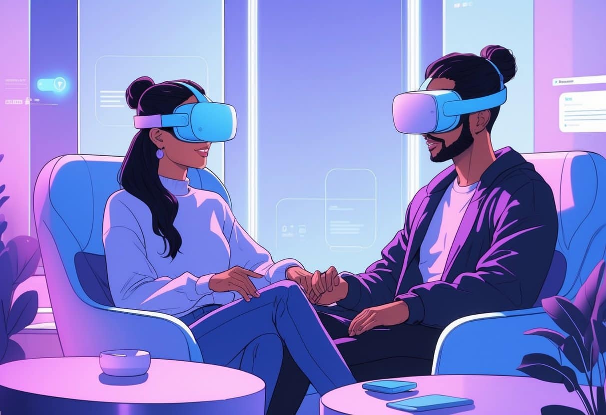 Two people wearing virtual reality headsets sitting in separate rooms, engaged in a private conversation in a futuristic digital environment.