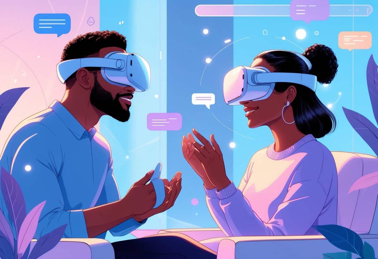 Two adults wearing VR headsets engaging in a private, virtual conversation in a softly lit digital environment.