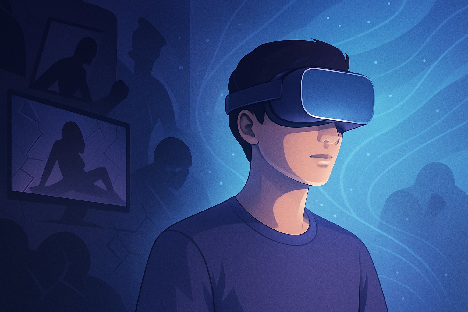A young adult wearing a virtual reality headset, surrounded by a calm digital environment contrasting with a darker background symbolizing addiction.