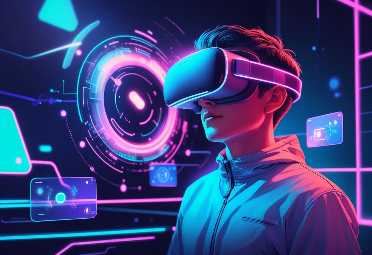 A person wearing a virtual reality headset surrounded by glowing holographic shapes in a futuristic digital environment.