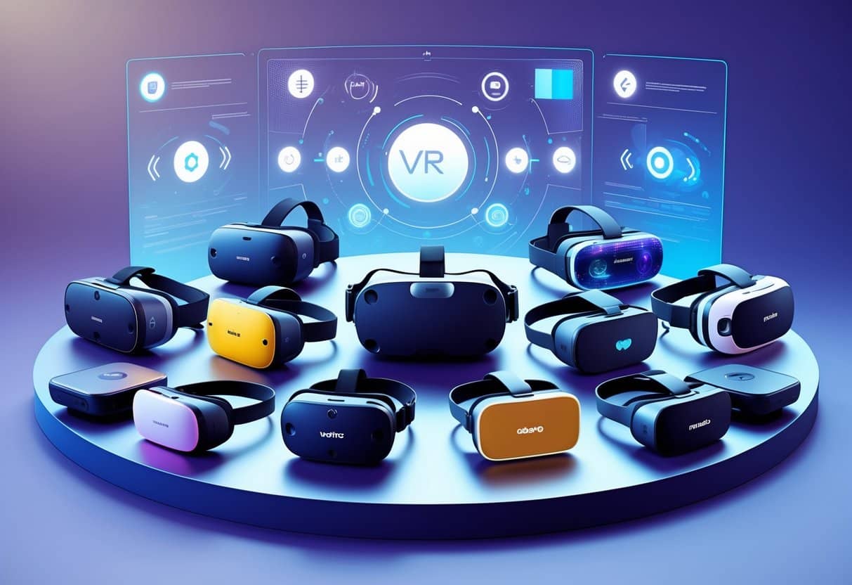 A collection of various virtual reality headsets and controllers arranged with a holographic interface in the background, set against a blue and purple gradient.