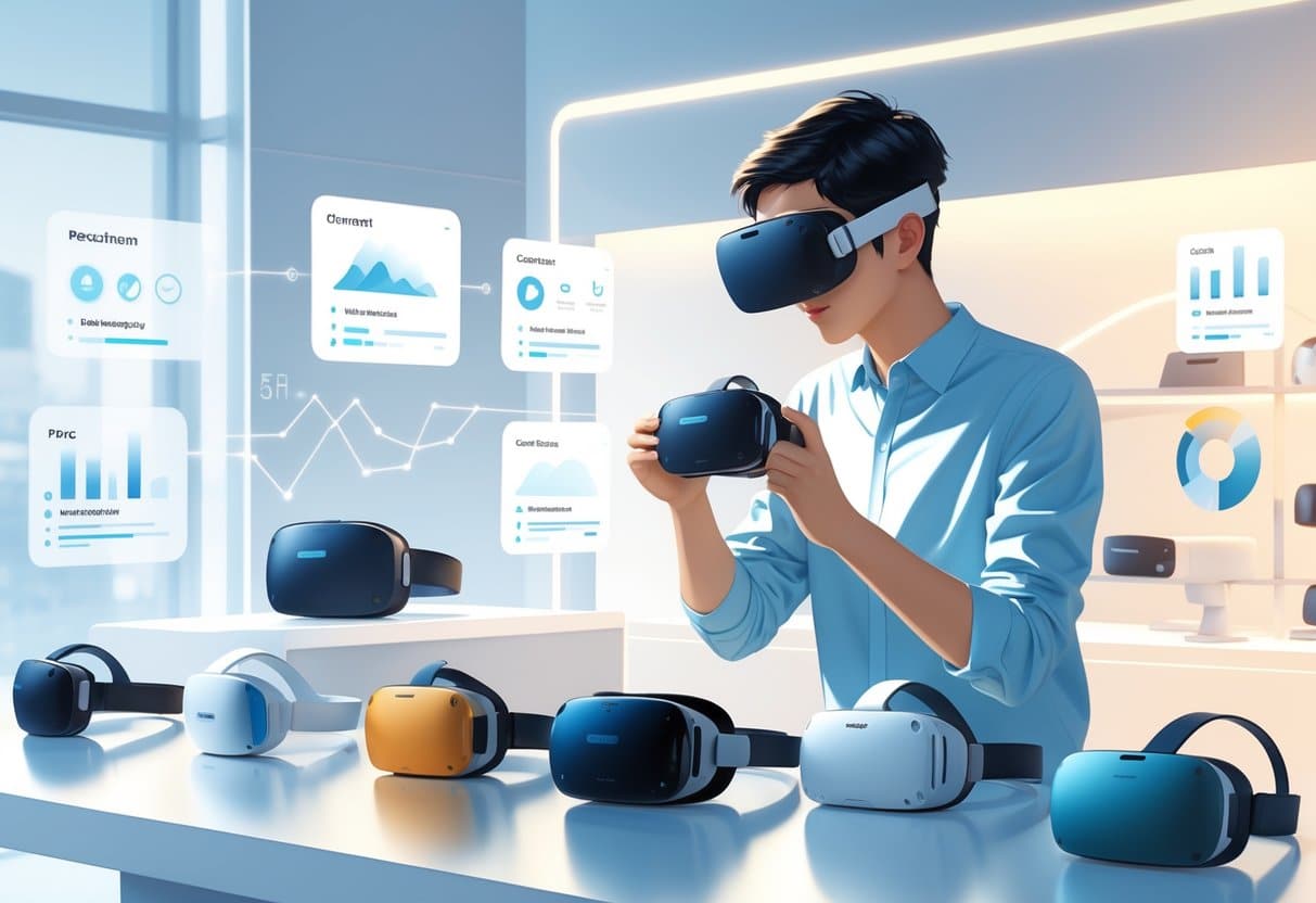 A person examining several virtual reality headsets displayed on a table in a modern tech showroom.