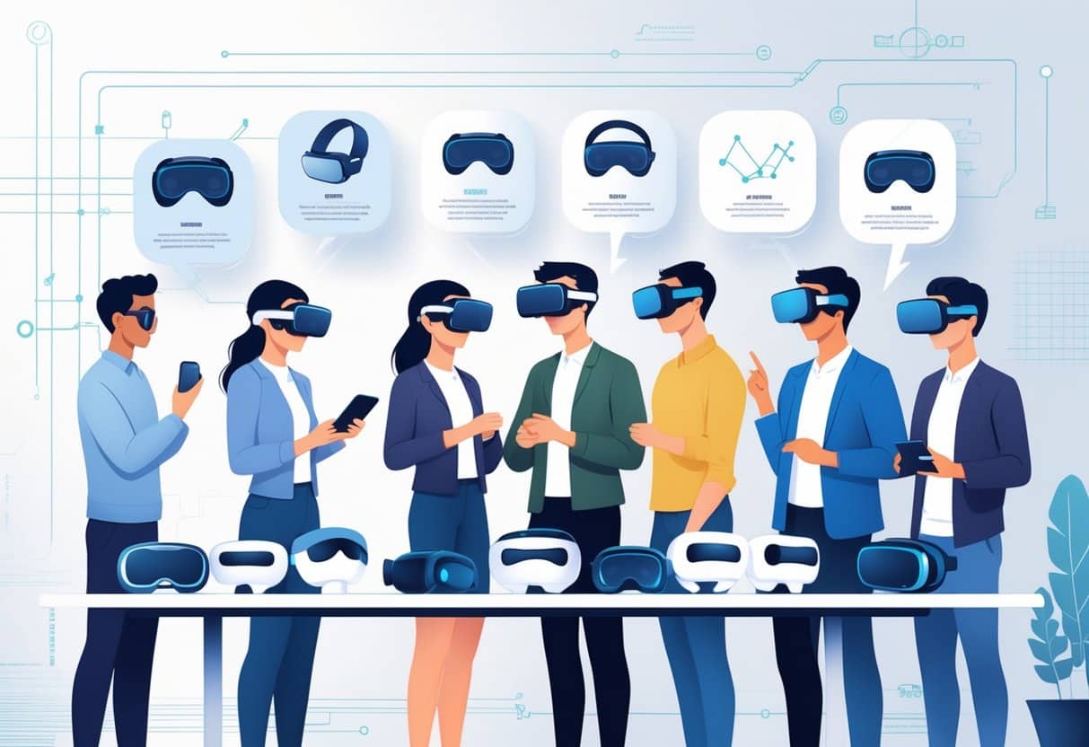 People gathered around a table examining different virtual reality headsets with floating icons and charts highlighting key features.