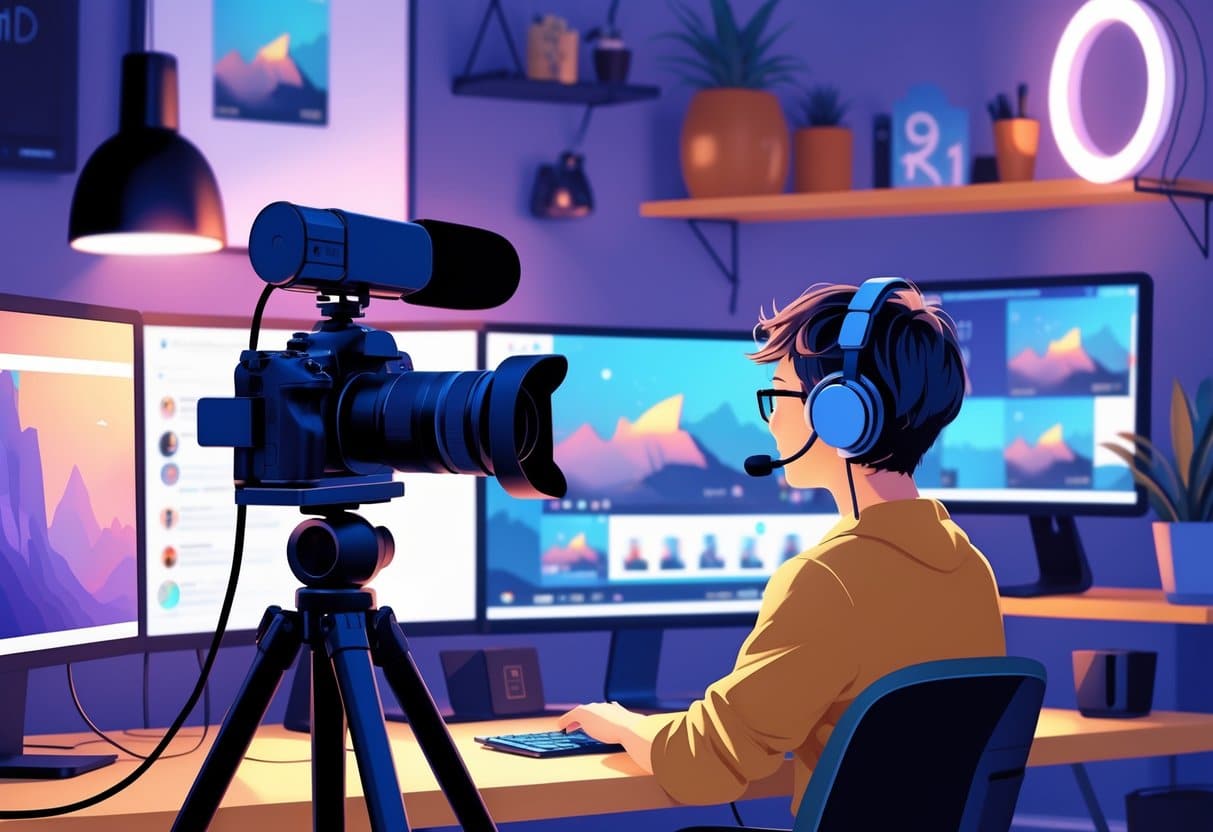 A person streaming live video at a desk with multiple monitors and camera equipment in a cozy room.
