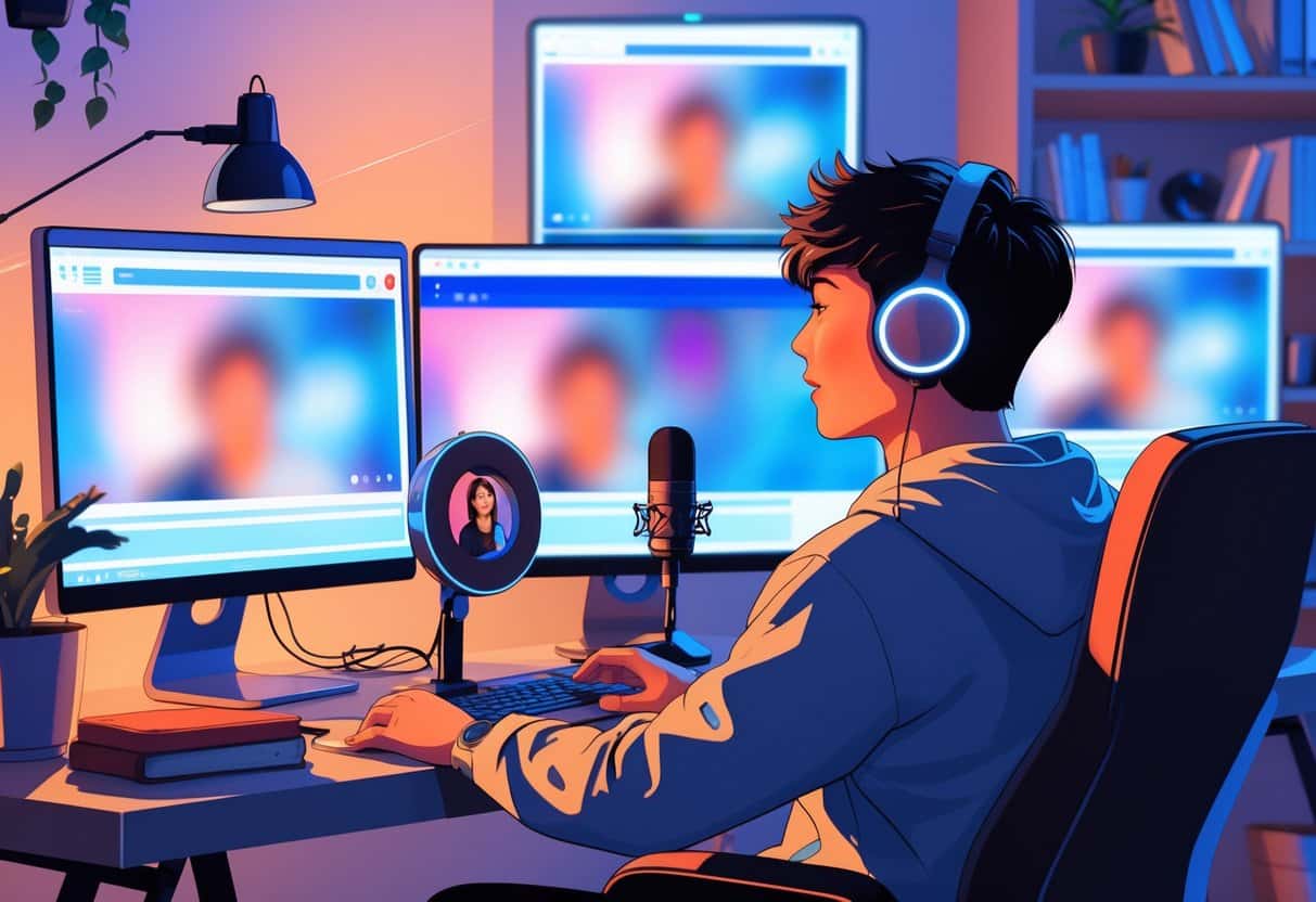 A person sitting at a desk with a webcam and computer monitors, engaging in a live streaming session in a cozy home office.