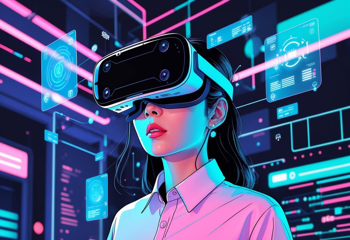 A young Asian woman wearing a virtual reality headset with cameras, surrounded by floating holographic displays in a futuristic setting.