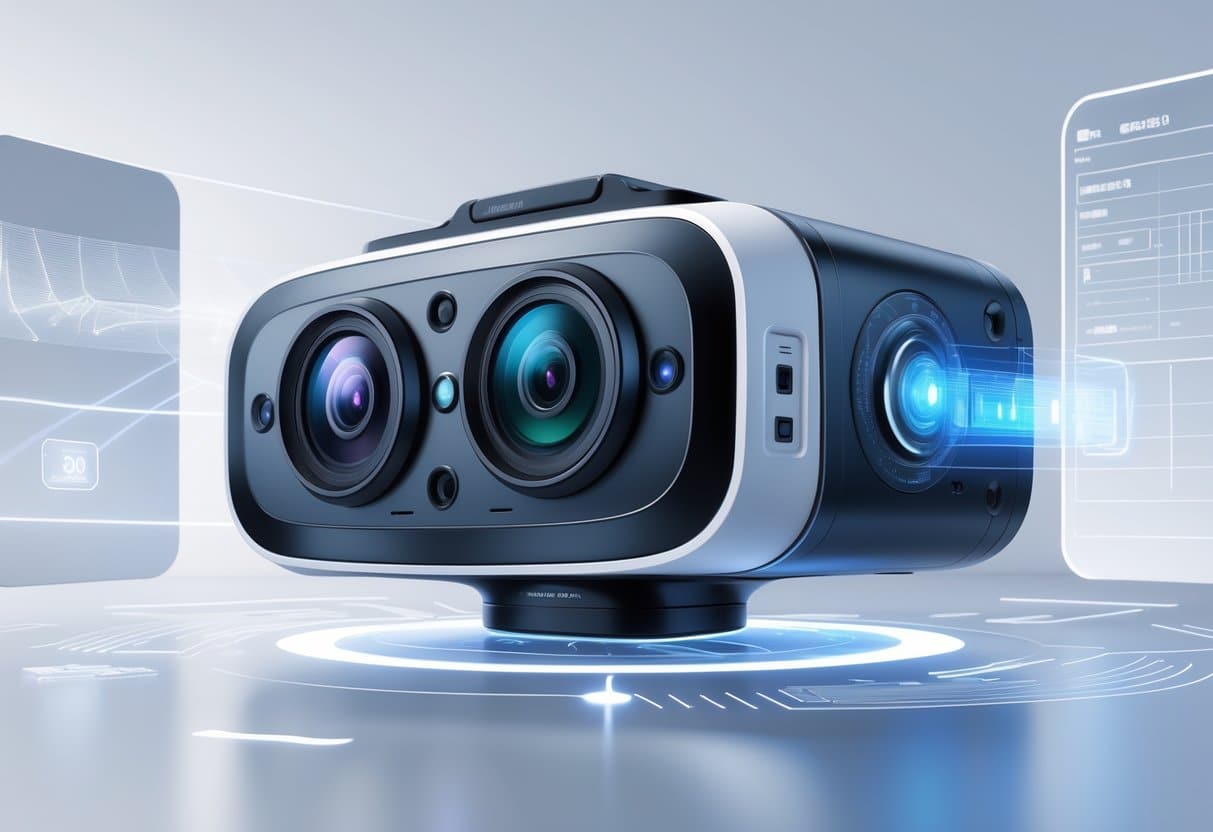 A modern virtual reality camera with multiple lenses and digital interface elements representing advanced technology and immersive features.