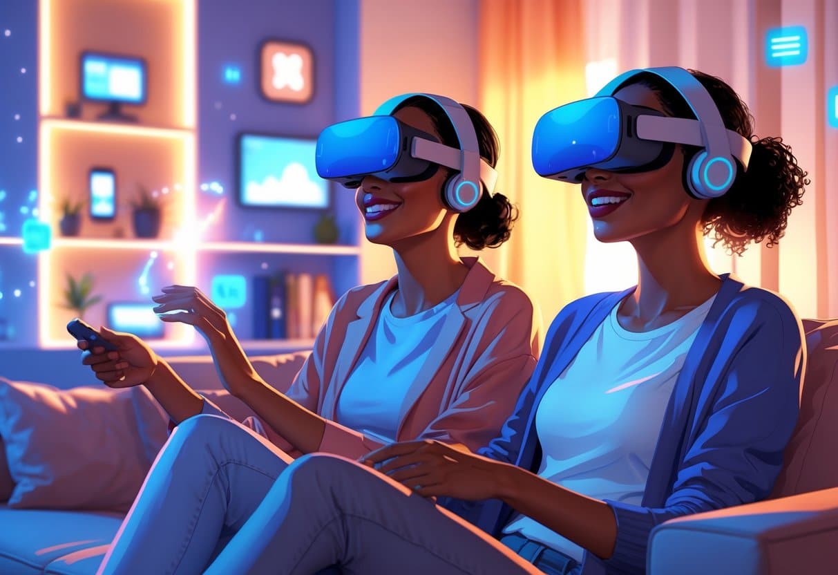 Two women wearing virtual reality headsets sitting together and enjoying a shared VR experience in a cozy room.