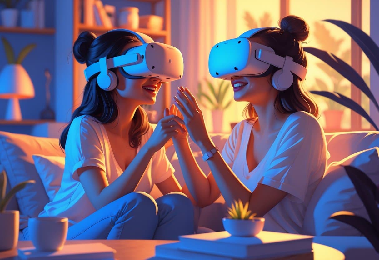 Two women wearing VR headsets interacting warmly in a cozy living room setting.