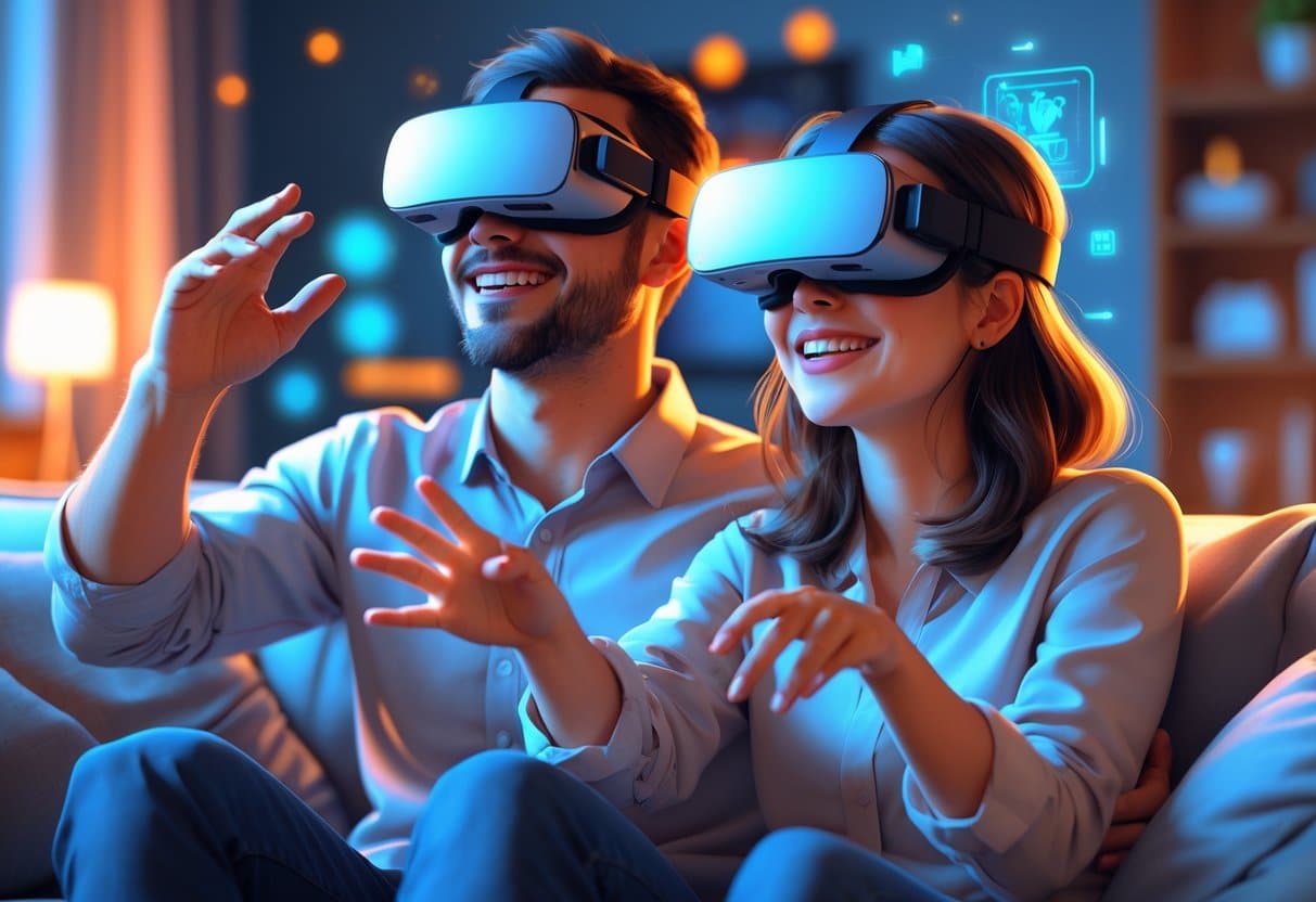 A couple sitting together on a sofa wearing virtual reality headsets and interacting with a virtual environment.