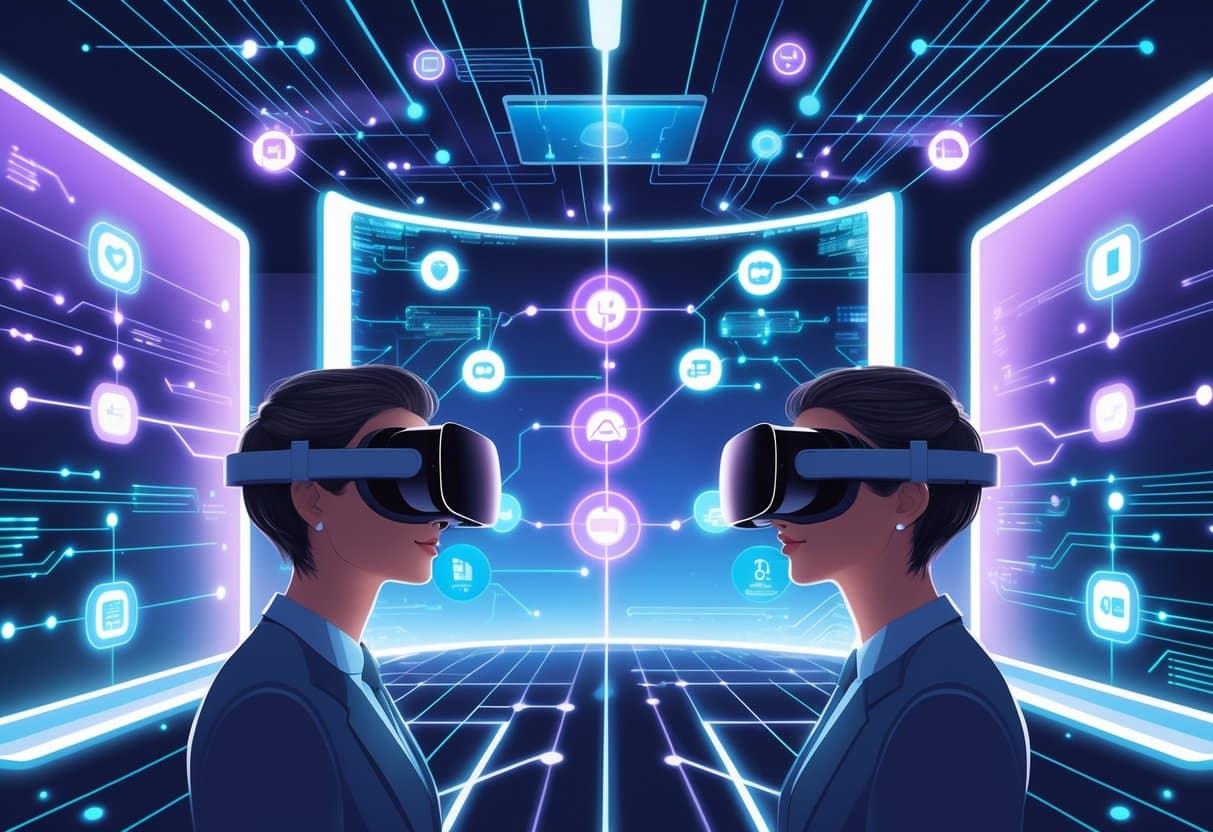 Two people wearing VR headsets in separate connected rooms with floating digital screens and network symbols representing virtual reality technology and communication.