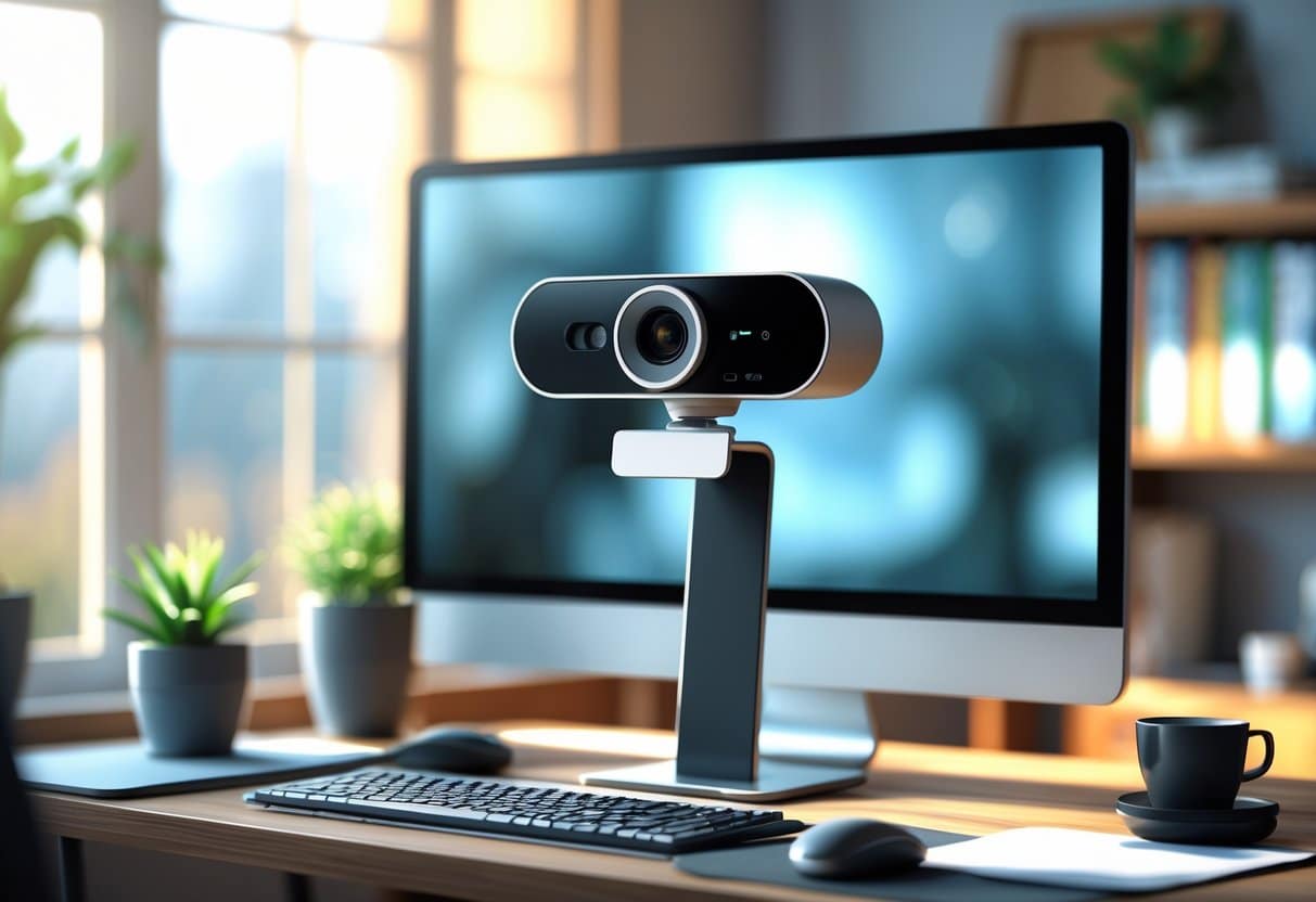 A webcam mounted on a computer monitor on a tidy office desk with a plant and books in the background.