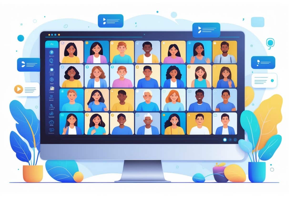 A computer monitor showing multiple live webcam video streams with diverse people interacting in a clean digital environment.