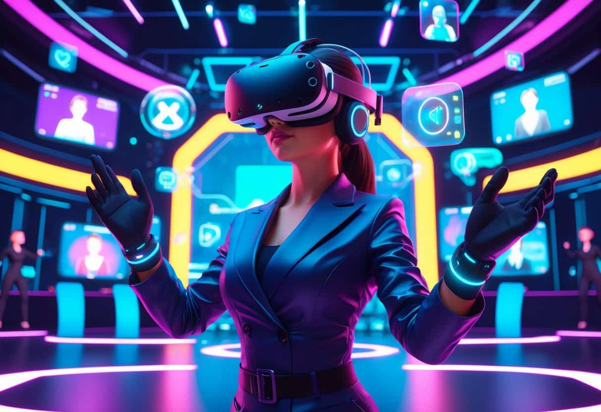 A woman wearing a VR headset and gloves stands in a futuristic virtual studio surrounded by holographic screens and digital avatars.