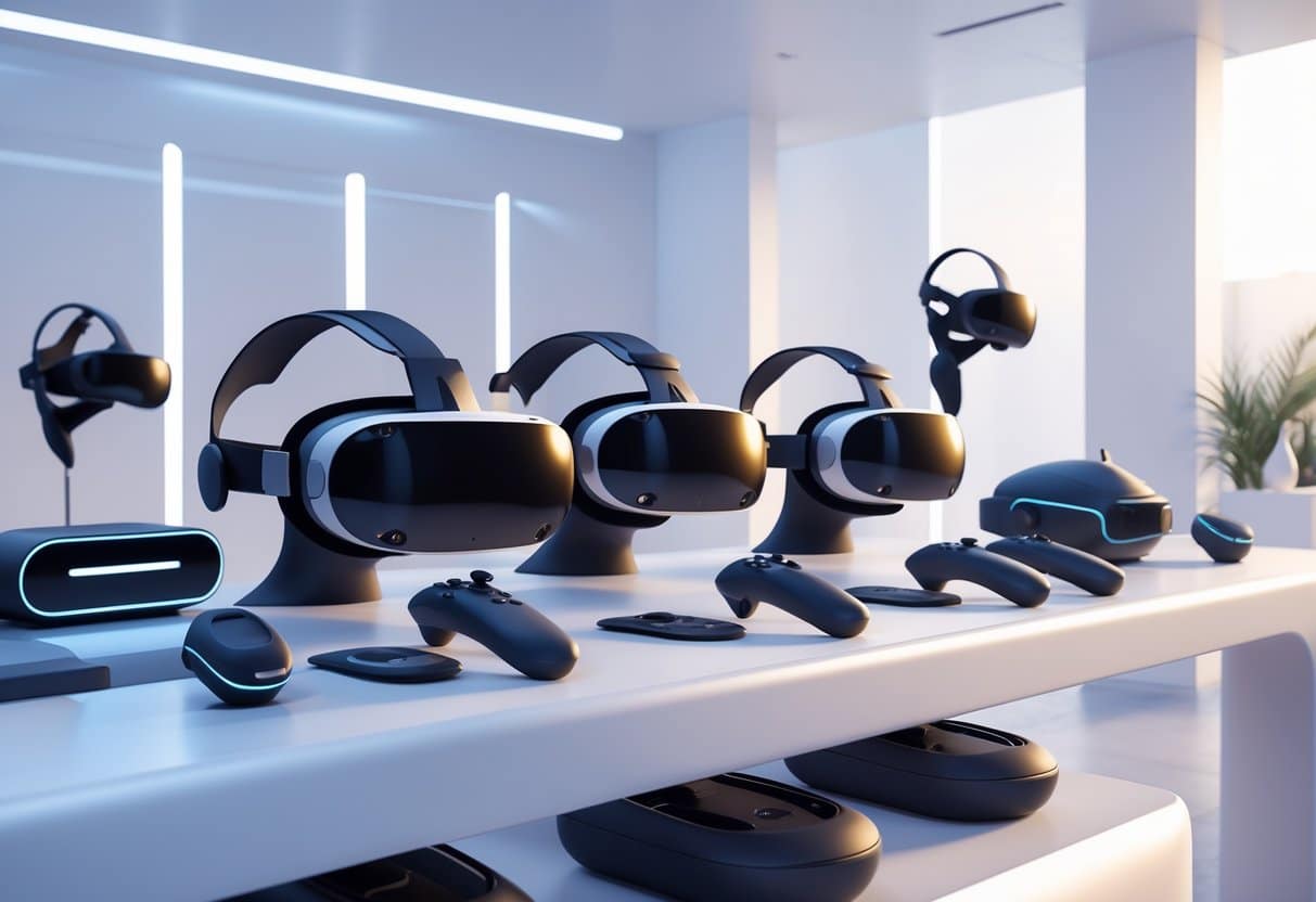 A display of futuristic virtual reality headsets and accessories arranged on a table in a modern tech showroom.