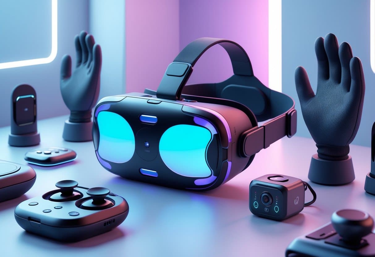 A futuristic VR headset surrounded by advanced VR accessories including wireless controllers, sensor gloves, a tracking camera, and a charging dock, displayed on a clean modern surface.