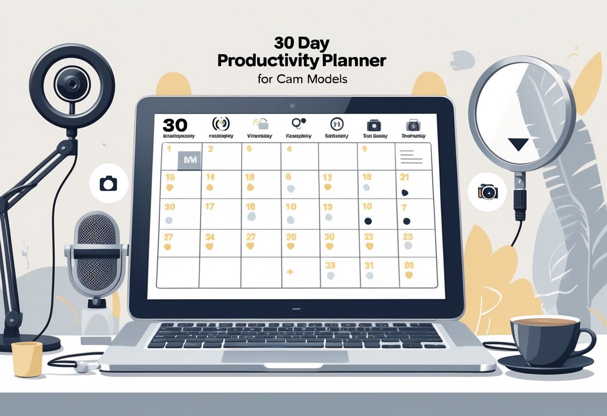 A clean desk with a digital 30-day planner open, surrounded by a ring light, microphone, laptop, and coffee cup, representing productivity and planning for cam models.