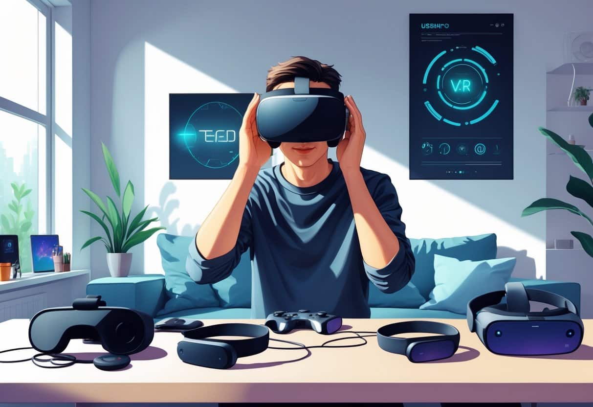 A person setting up a new virtual reality headset in a modern living room with VR accessories on a table nearby.