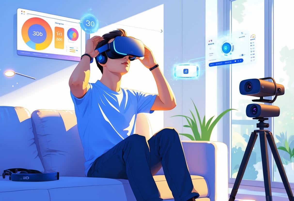 A person setting up a new virtual reality headset in a modern living room with VR accessories on a table nearby.