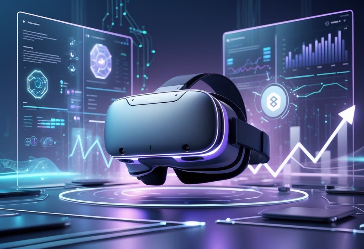 A futuristic VR headset surrounded by holographic digital interfaces and glowing data streams in a high-tech environment.