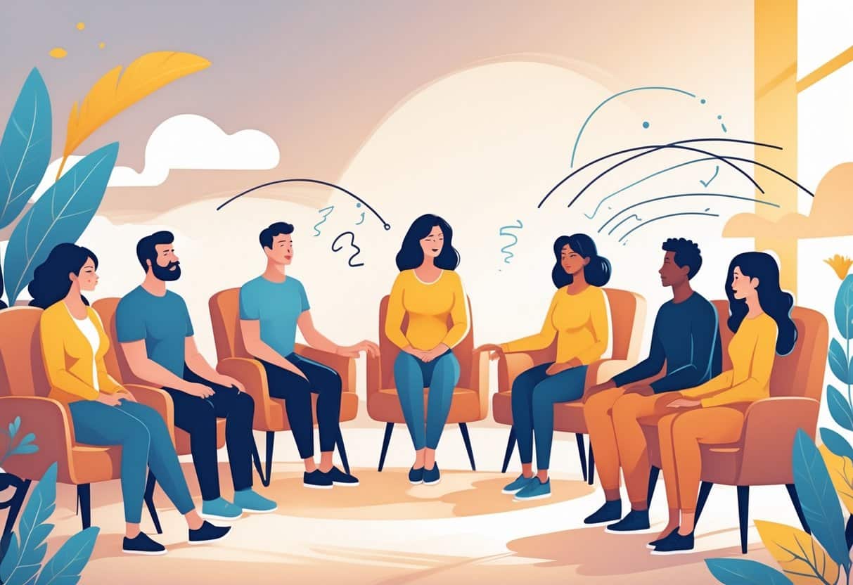 A group of adults in a supportive setting with a counselor offering comfort and care, symbolizing mental health support and connection.