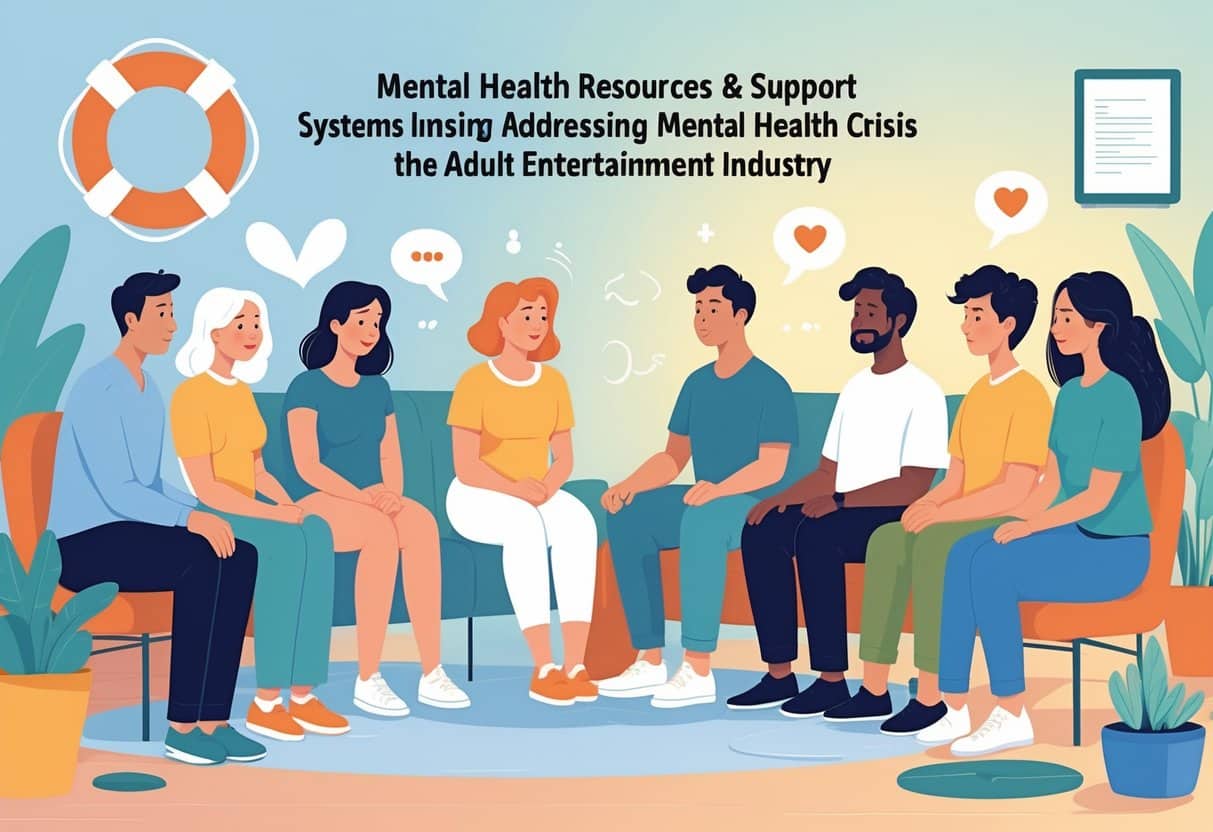 A group of diverse adults sitting in a circle in a therapy session, showing expressions of contemplation and support in a calm room.