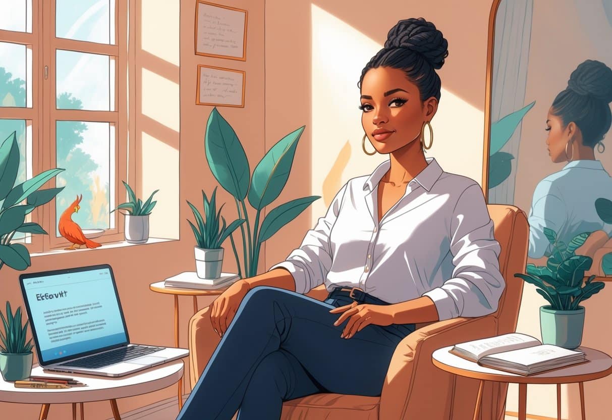 A confident young woman sitting in a cozy room with a journal, laptop, plants, and soft natural light, symbolizing self-care and empowerment.
