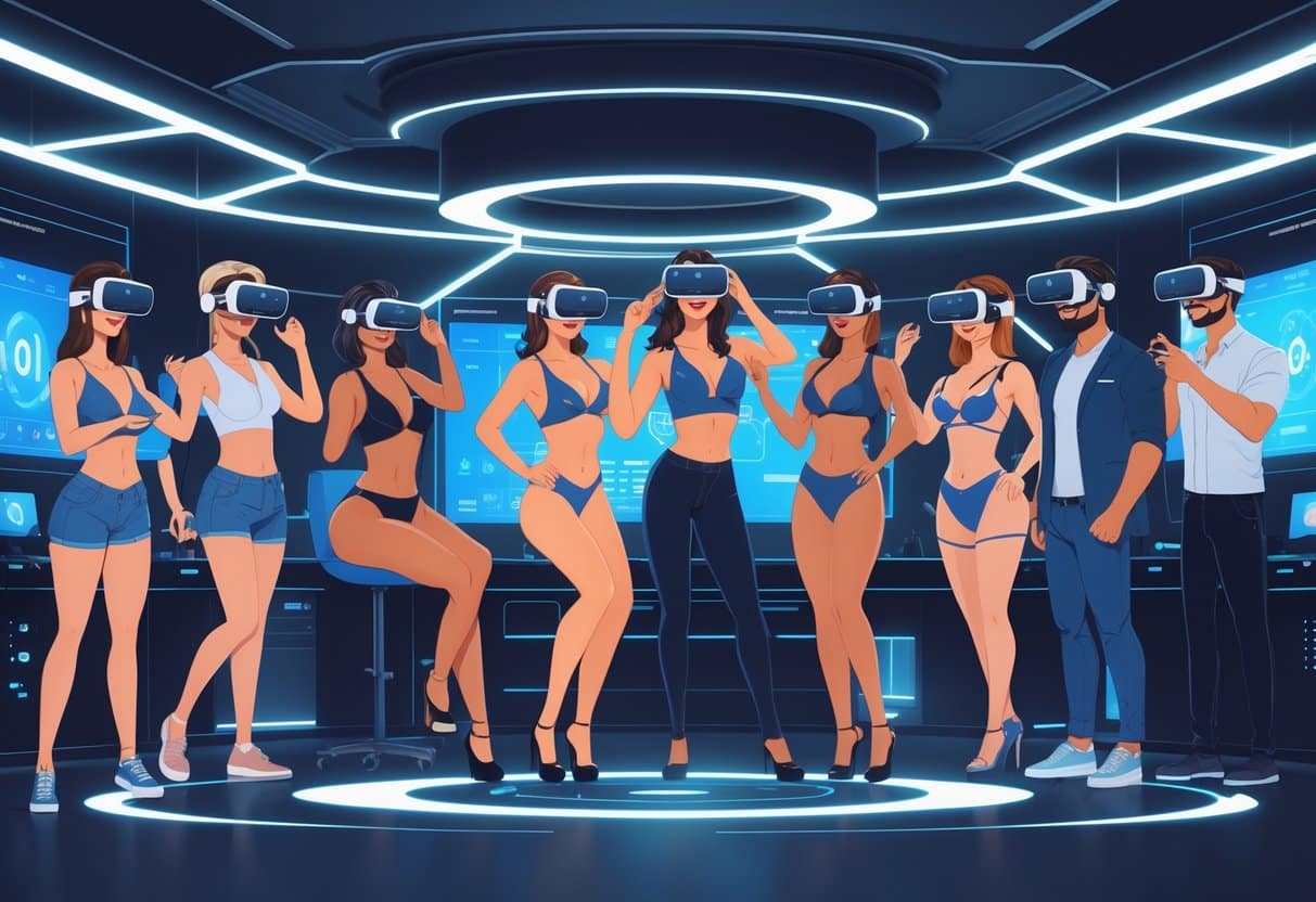 A group of diverse adults using VR headsets and streaming equipment in a futuristic virtual environment, engaging in various interactive entertainment activities.