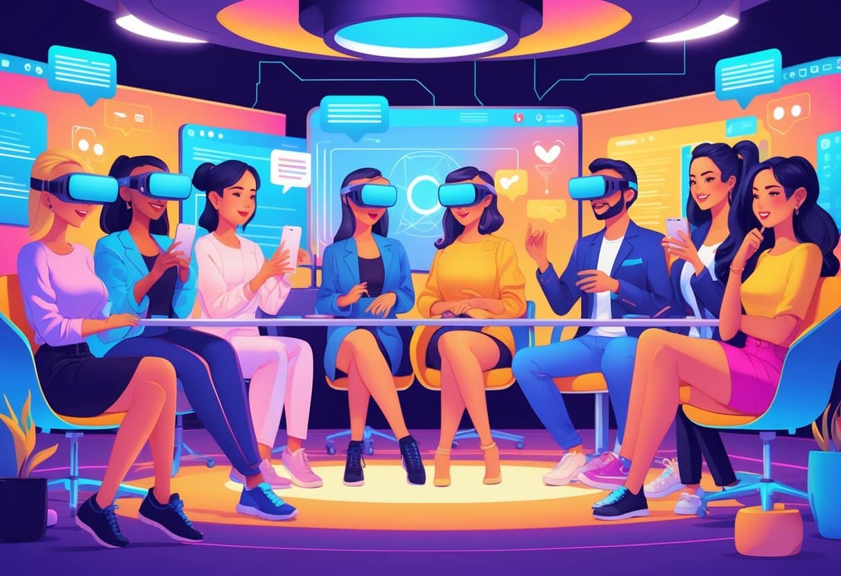 A group of diverse people using VR headsets and streaming equipment in a modern studio, interacting with a virtual online community.