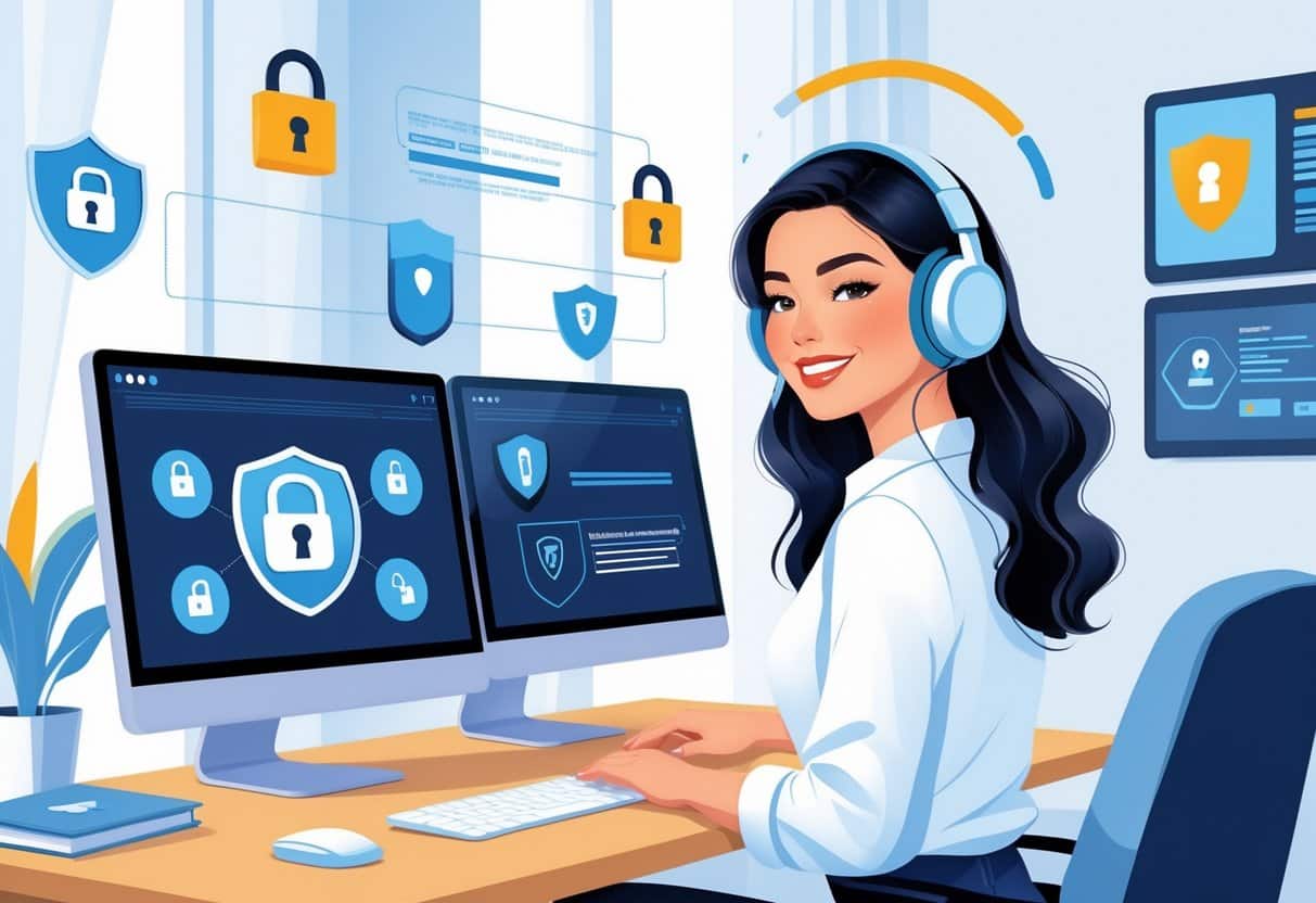 A female cam model working confidently at her computer in a home studio surrounded by symbols representing online security and safety.