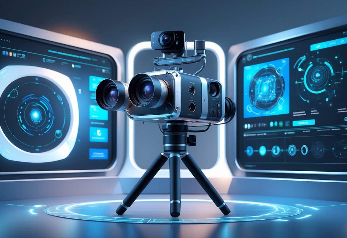 A person putting on a VR headset at a desk with several VR headsets displayed nearby in a modern room.
