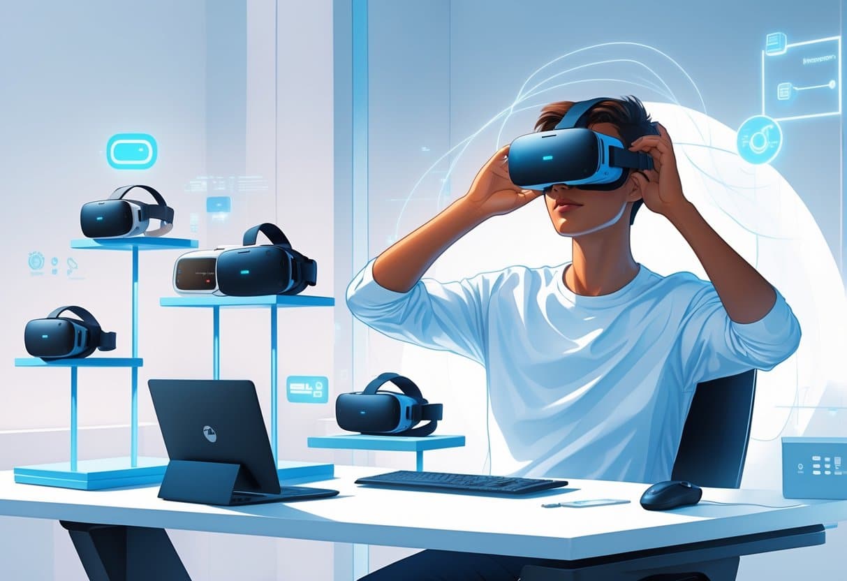 A futuristic VR camera rig with multiple lenses and digital holograms in a modern studio setting.