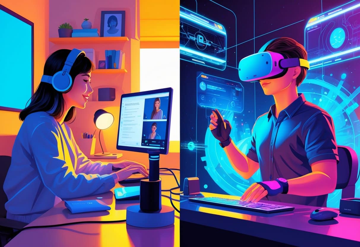 Split scene of traditional camming vs. VR camming showing a webcam performer and a VR headset user with virtual avatars, highlighting the difference between traditional camming and VR experiences.