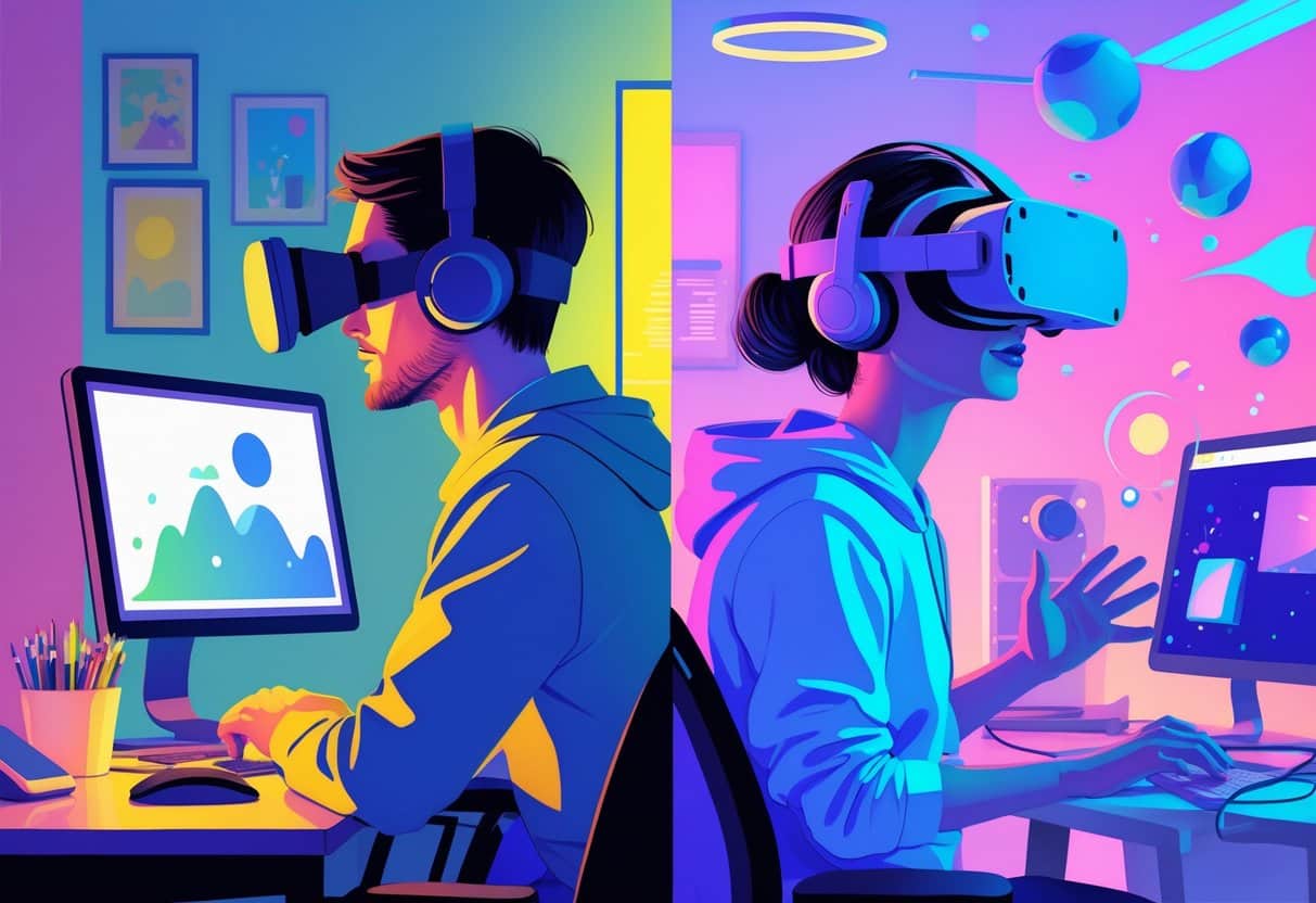 Person using a webcam versus the same person with a VR headset and controllers, illustrating the difference between traditional camming and VR experiences.