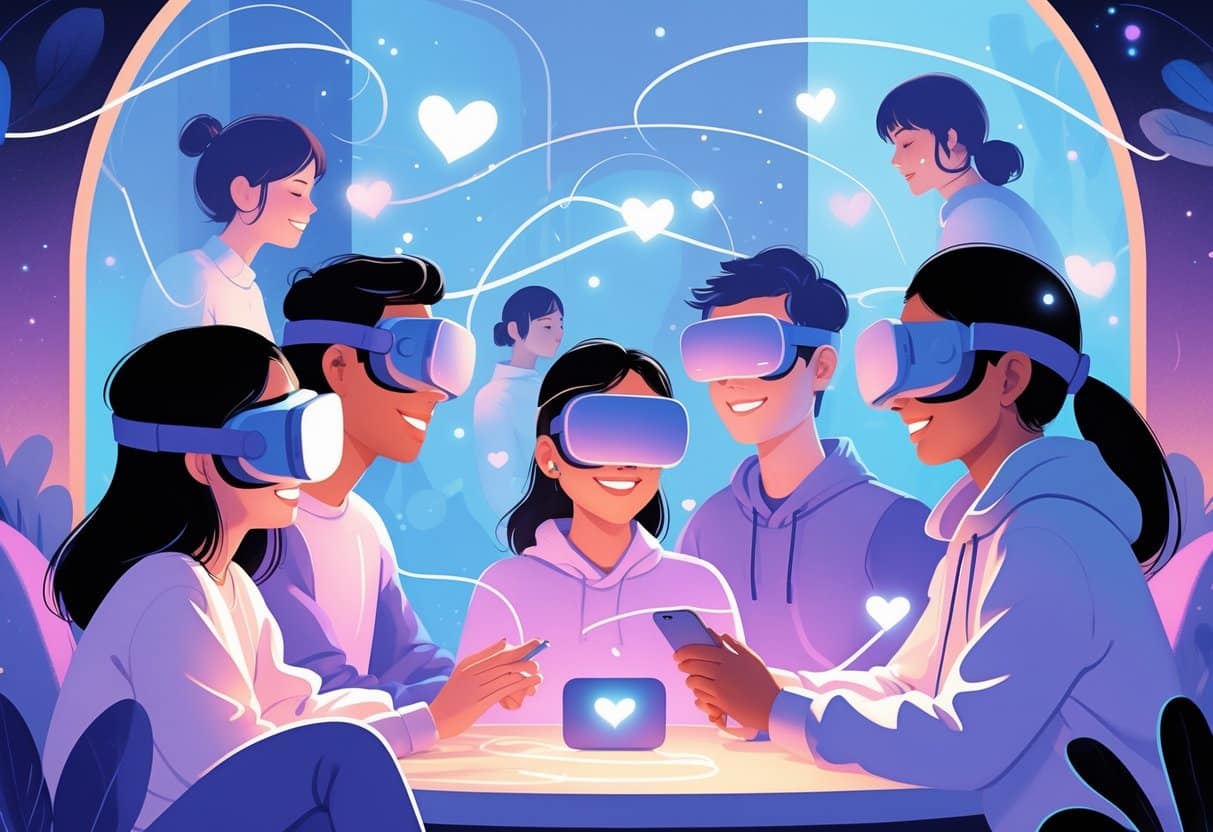 People wearing virtual reality headsets smiling and interacting closely in a shared virtual space with glowing light trails connecting them, showing intimacy in virtual reality experiences.