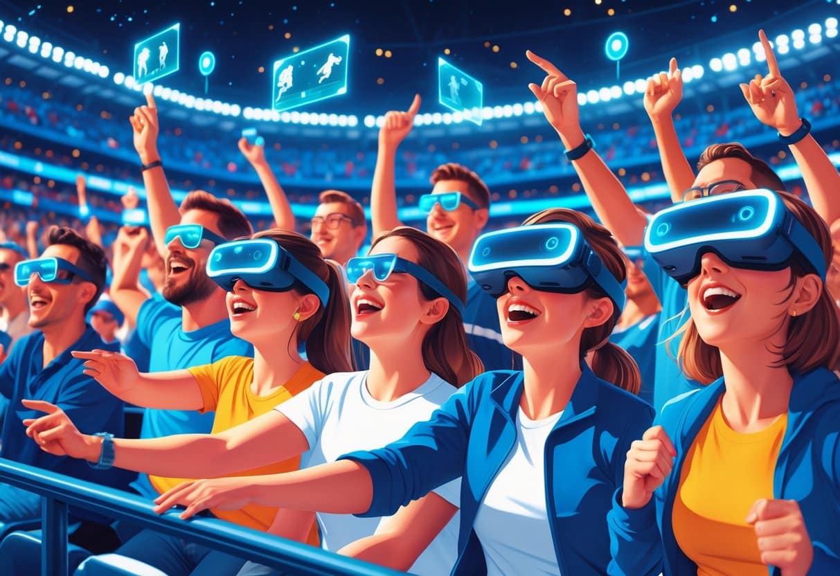 A group of sports fans wearing VR headsets and AR glasses enjoying an immersive experience with holographic sports visuals in a stadium filled with cheering crowds, showing immersive sports technology.