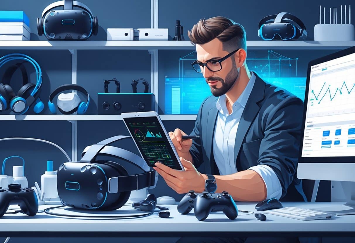 Technician examining VR headset, hardware, and computer for common VR issues and troubleshooting.