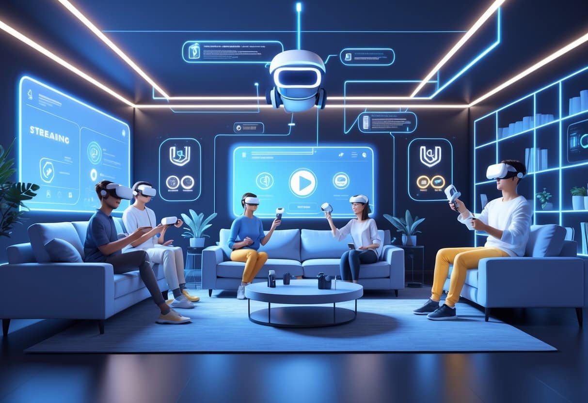 People using virtual reality devices streaming Big Tit VR content in a modern living room.
