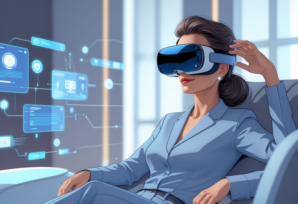 A woman in her mid-40s exploring Vr Milf Porn with a virtual reality headset, surrounded by digital elements.