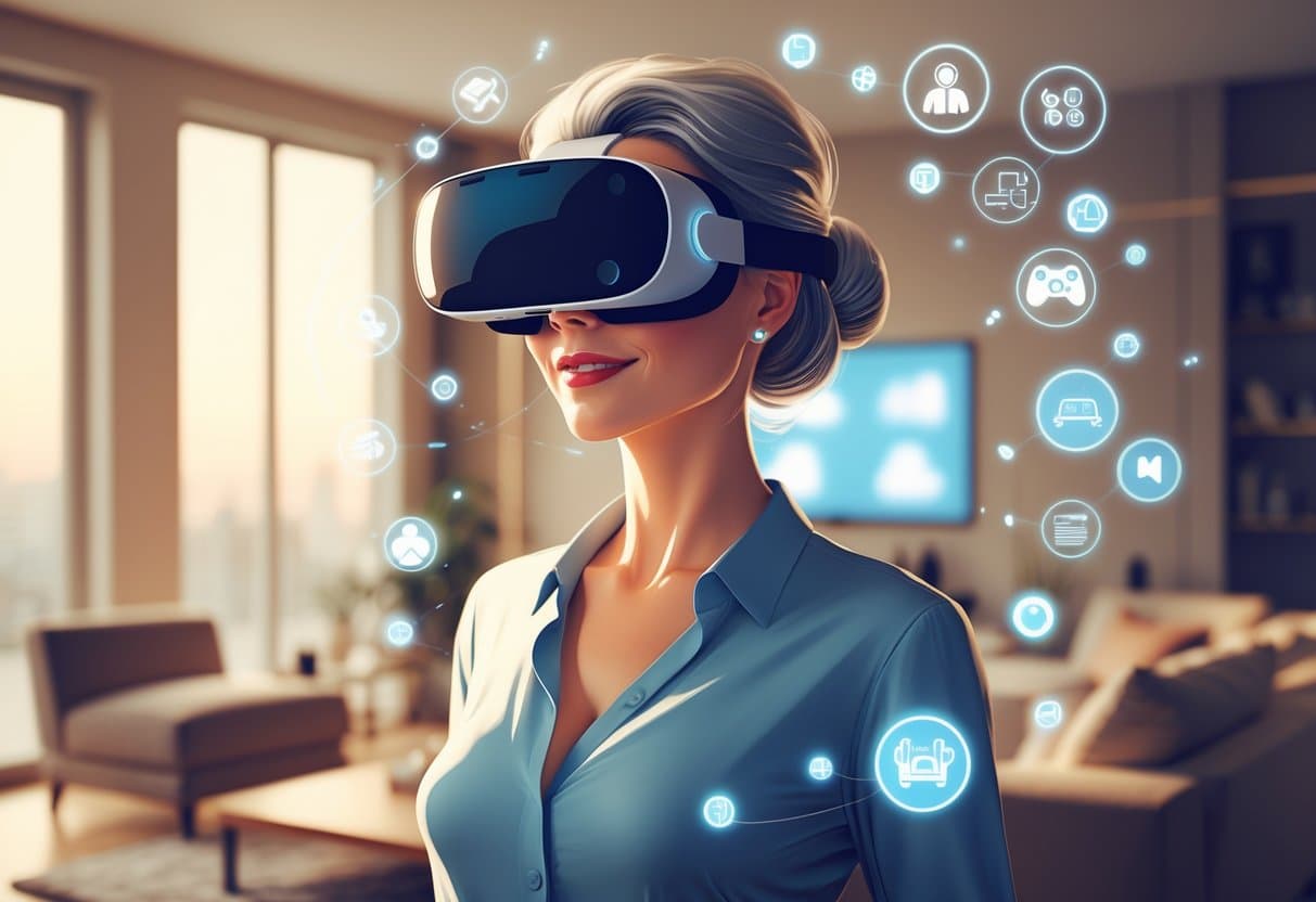 Confident mature woman experiencing Vr Milf Porn in a modern living room, VR icons floating around.