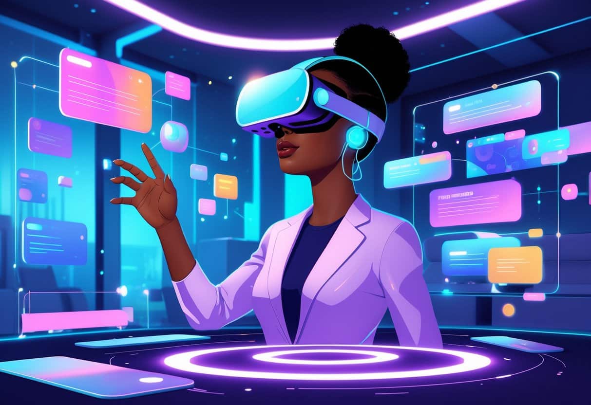 A Black woman exploring VR Ebony Porn with a headset in a futuristic room