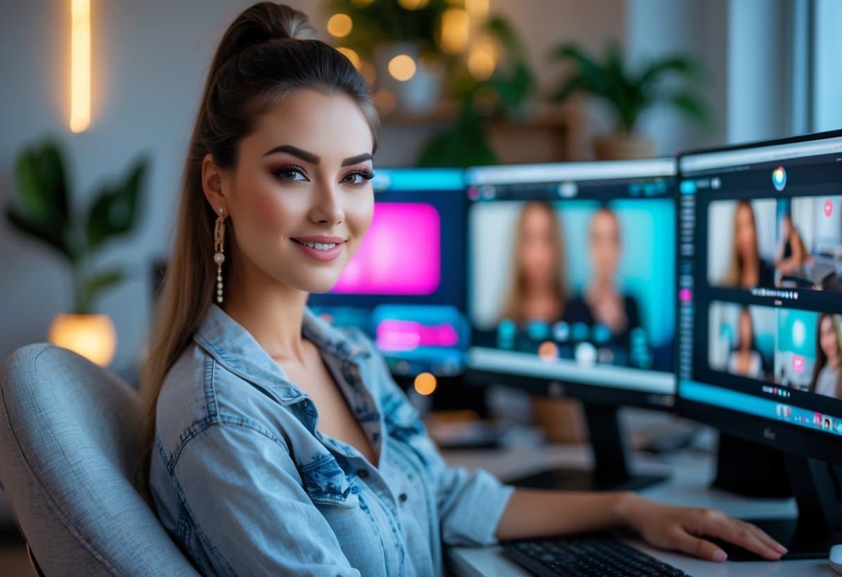 A young woman at a computer desk with multiple monitors showing Polish Sex Cams live streaming interfaces in a modern home office.