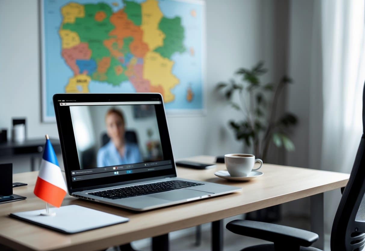 Modern home office with a laptop, Polish Sex Cams flag, and a map of Poland on the wall.