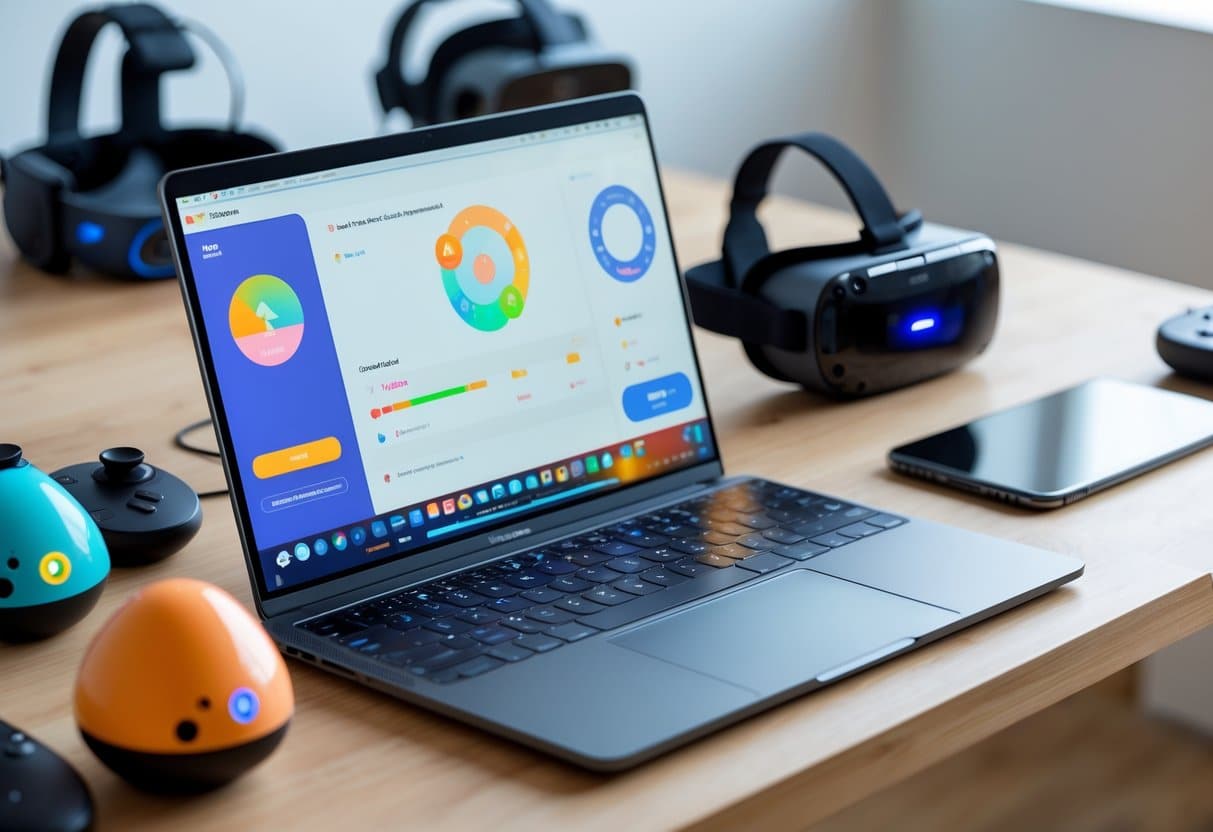 Workspace showing Lovense VR setup with interactive toys, VR headset, laptop, and smartphone on a desk.
