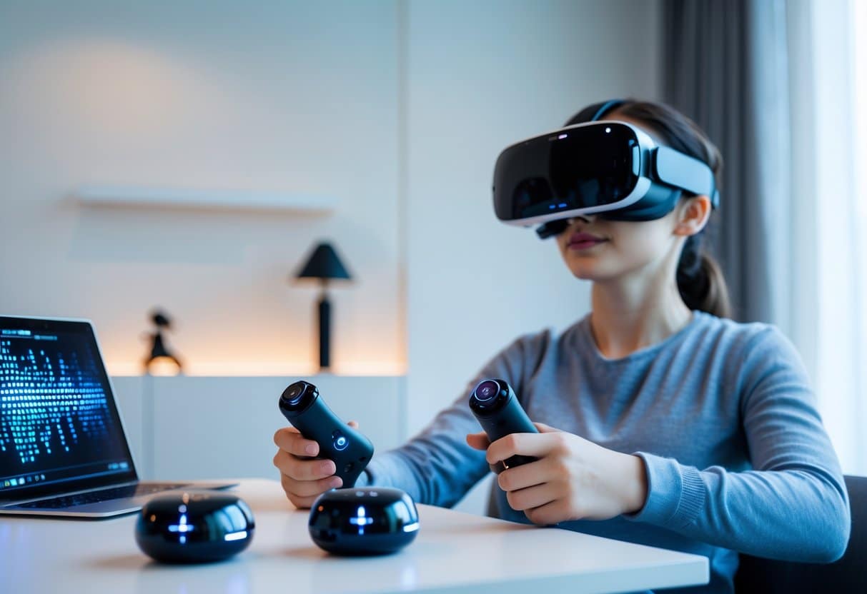 Person in Lovense VR setup using headset, controllers, and interactive devices with laptop showing sync patterns.